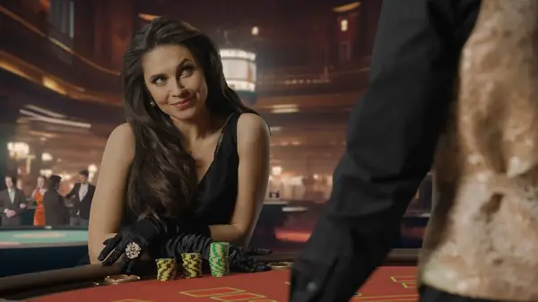 Donna Attraente Abito Nero Tavolo Poker Gioco Del Blackjack Nel — Foto Stock