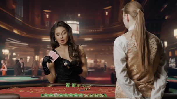 Portrait Elegant Woman Black Dress Casino Background Attractive Woman Blackjack — Stock Video