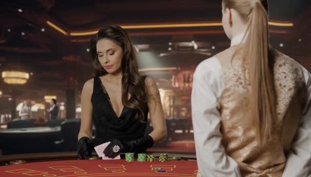 Portrait Elegant Woman Black Dress Casino Background Attractive Woman Blackjack — Stock Video
