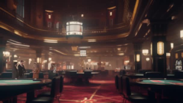 赌场的内部有扑克游戏的赌桌 宽敞的赌场 娱乐场所和娱乐场所 一群分散注意力的人互相交流赌场和赌博的概念 — 图库视频影像