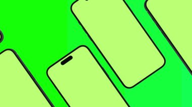 Beyaz zemin üzerinde yeşil ekranlı, alfa kanalı düz yataklı cep telefonu deseni. Bir grup akıllı telefon dikey olarak hareket ediyor. Marka Kimliği, İş Hücreleri Reklamcılığı ve Sosyal Yollar.