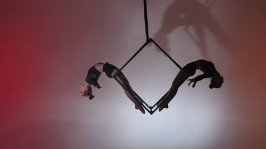 Modern koreografi ve akrobasi yaratıcı reklam konsepti. Kadın akrobatların portresi izole edilmiş renkli bir arka plan. Havada asılı duran iplerle iki akrobat kız..