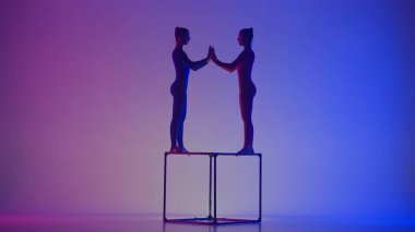 Modern koreografi ve akrobasi yaratıcı reklam konsepti. Canlı arkaplanda izole edilmiş iki kadın akrobatın silueti. Kızlar jimnastik dansçıları küp üzerinde akrobatik hareketler yapıyorlar..