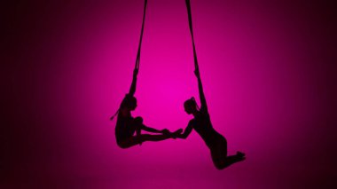 Modern koreografi ve akrobasi yaratıcı reklam konsepti. Pembe neon arka planda izole edilmiş iki kadın akrobatın silueti. Kızlar hava dansçıları ipler üzerinde uçan elementler sergiliyorlar..