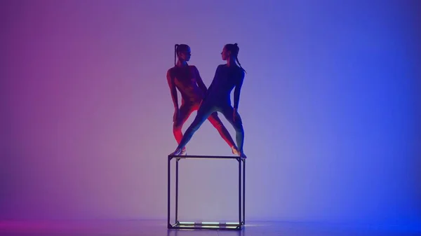 現代の振付とアクロバットクリエイティブ広告コンセプト ネオンの鮮やかな背景に隔離された2人の女性のアクロバットのシルエット キューブでアクロバティックな要素を実行する少女の体操ダンサー — ストック写真