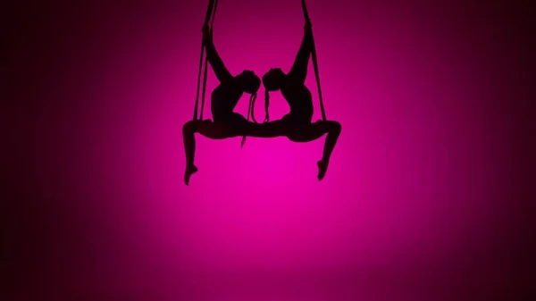 Coreografia Moderna Acrobacias Conceito Publicidade Criativa Silhueta Dois Acrobatas Femininos — Fotografia de Stock