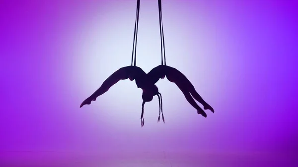 现代编舞和杂技创意广告的概念 两名女杂技演员在紫色霓虹灯背景下被隔离的轮廓 女孩空中舞者表演镜像在绳子上飞舞 — 图库照片