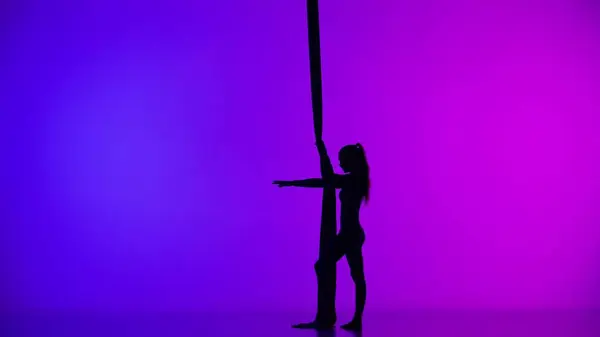 现代编舞和杂技创意广告的概念 女性杂技演员的轮廓在艳丽的霓虹灯背景下被隔离 在空气丝绸上表演杂技的女空中舞者 — 图库照片