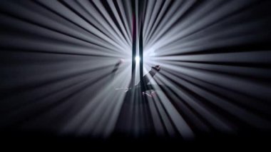 Modern koreografi ve akrobasi yaratıcı reklam konsepti. Parlak spot ışıklarına karşı siyah arkaplanda izole edilmiş bir kadın silueti. Kız hava dansçısı hava ipeğinde gösteri yapıyor.