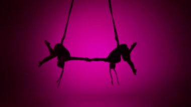 Modern koreografi ve akrobasi yaratıcı reklam konsepti. Pembe neon arka planda izole edilmiş iki kadın akrobatın silueti. Kızlar hava dansçıları ipler üzerinde uçan elementler sergiliyorlar..