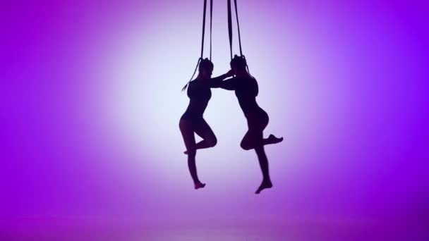 現代の振付とアクロバットクリエイティブ広告コンセプト 紫色のネオン背景に隔離された2人の女性のアクロバットのシルエット ロープで飛ぶ鏡をかけた空中ダンサー — ストック動画