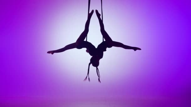 現代の振付とアクロバットクリエイティブ広告コンセプト 紫色のネオン背景に隔離された2人の女性のアクロバットのシルエット ロープで飛ぶ鏡をかけた空中ダンサー — ストック動画