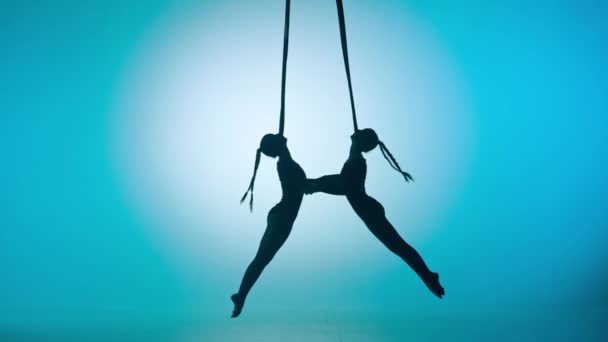 現代の振付とアクロバットクリエイティブ広告コンセプト 青いネオン背景に隔離された2人の女性のアクロバットのシルエット ロープでアクロバットを飛行する女の子の空中ダンサー — ストック動画