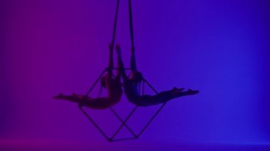 Modern koreografi ve akrobasi yaratıcı reklam konsepti. Neon arka planda izole edilmiş iki kadın akrobatın silueti. Kız akrobat dansçılar iplerle havada yarık açıyorlar..