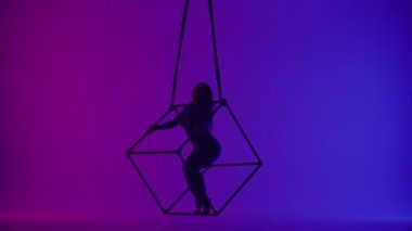 Modern koreografi ve akrobasi yaratıcı reklam konsepti. Kadın akrobatın silueti neon arka planda izole edildi. Kadın akeralist dansçı iplerle havada yarıklar açıyor..