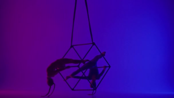 現代の振付とアクロバットクリエイティブ広告コンセプト ネオンの背景に隔離された2人の女性のアクロバットのシルエット 女の子空想家ダンサーは ロープでキューブ上の空気分裂で回転する — ストック動画