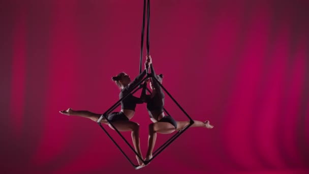 现代编舞和杂技创意广告的概念 在红色背景下被隔离的女杂技演员的肖像 女航海家们用绳子在空中旋转着的立方体表现出一种元素 — 图库视频影像