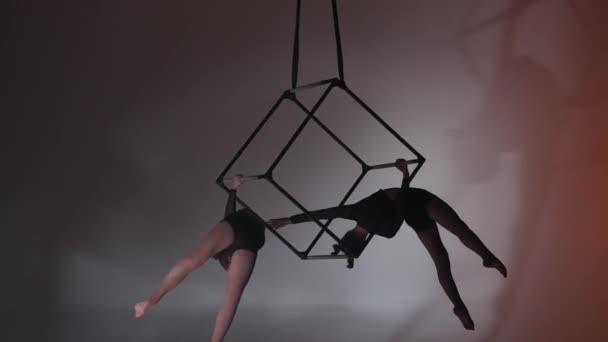 現代の振付とアクロバットクリエイティブ広告コンセプト 女性のアクロバットの肖像画は カラフルな背景を隔離しました 2人の女の子空中ダンサーがロープでキューブで空中にぶら下がっている — ストック動画