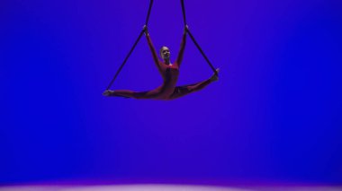 Modern koreografi ve akrobasi yaratıcı reklam konsepti. Kadın jimnastikçi, mavi neon stüdyo arka planında izole edilmiş. Kız dansçı kız akrobatik kayışları ikiye bölerek tutuyor ve döndürüyor.
