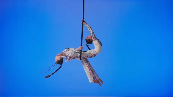 Modern Choreography Acrobatics Creative Advertisement Concept Female Gymnasts Isolated Blue — Stock Photo, Image