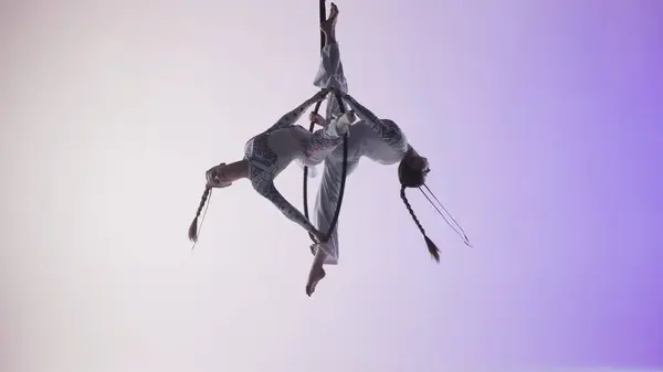 Modern Choreography Acrobatics Creative Advertisement Concept Female Gymnasts Isolated Purple — Stock Photo, Image