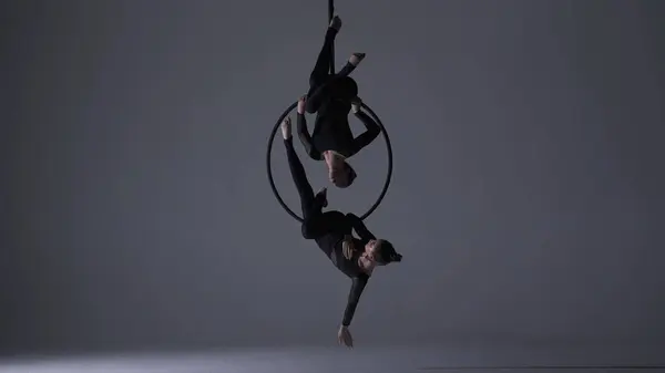 Modern choreography and acrobatics creative advertisement concept. Two female gymnasts isolated on grey studio background. Girls aerial dancers showing static acrobatic element on ring with straps.