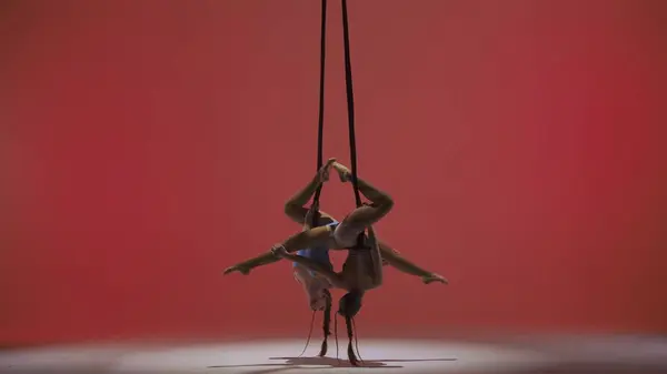 Modern Koreografi Akrobasi Yaratıcı Reklam Konsepti Kırmızı Stüdyo Arka Planında — Stok fotoğraf