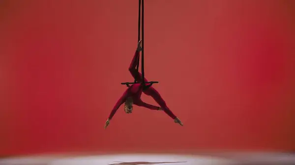 Modern Choreography Acrobatics Creative Advertisement Concept Female Gymnast Isolated Red — Stock Photo, Image
