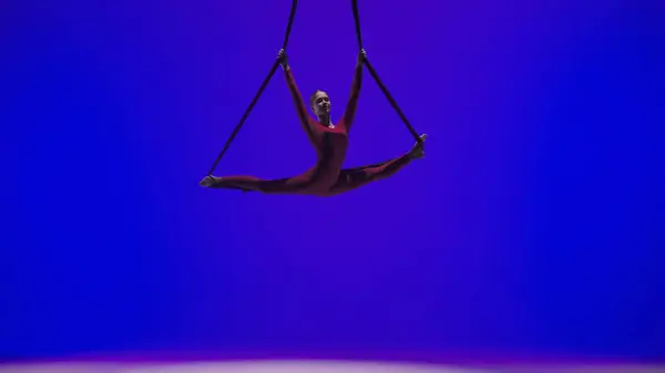 Moderne Choreographie Und Akrobatik Kreatives Werbekonzept Turnerin Isoliert Auf Blauem — Stockfoto