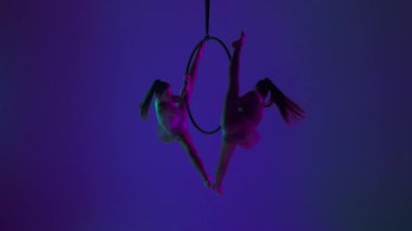 Modern koreografi ve akrobasi yaratıcı reklam konsepti. Mavi neon stüdyo arka planında iki kadın jimnastikçi izole edilmiş. Kızlar hava dansçıları siluetleri halkada parçalanmış halkalar gösteriyor..