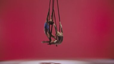 Modern koreografi ve akrobasi yaratıcı reklam konsepti. Kırmızı stüdyo arka planında izole edilmiş kadın jimnastik ikilisi. Kız dansçılar kayışlarla akrobatik trapezde dönüyorlar..