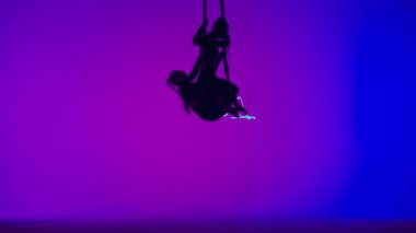 Modern koreografi ve akrobasi yaratıcı reklam konsepti. Kadın jimnastik düeti lazer mavisi neon stüdyo arka planında izole edildi. Kızlar jimnastik trapezinde kayışlarla uçan dansçılar..
