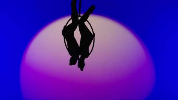 現代の振付とアクロバットクリエイティブ広告コンセプト ブルーネオンスタジオの背景にスポットライトで隔離された2人の女性ジムナスト ストラップ付きリング上の少女空中ダンサーシルエット — ストック動画