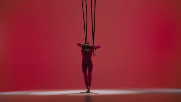 Acrobatics 창조적인 선수는 빨간색 스튜디오 배경에 의상에서 스트랩 플립을 — 비디오
