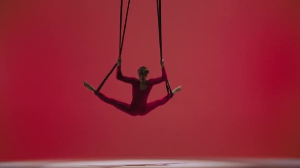 现代编舞和杂技创意广告的概念 女体操运动员被隔离在红色的工作室背景下 身穿杂技表演服装的女空中舞蹈家 表演带体操元素的表演 — 图库视频影像