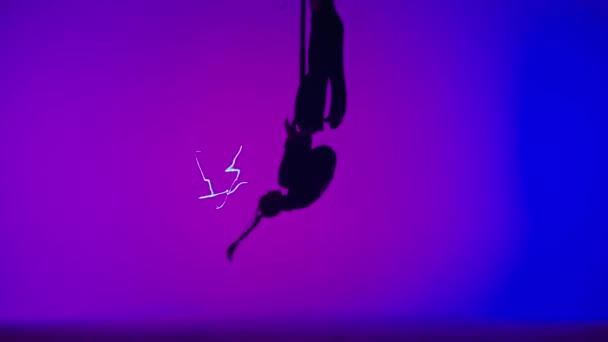 現代の振付とアクロバットクリエイティブ広告コンセプト レーザーブルーネオンスタジオのバックグラウンドで隔離された女性体操デュエット ストラップで体操トラップで飛ぶ少女空中ダンサー — ストック動画
