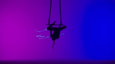 Modern koreografi ve akrobasi yaratıcı reklam konsepti. Pembe mavi neon stüdyo arka planında izole edilmiş kadın jimnastikçi. Kız hava dansçısı jimnastik trapezi ile kayışları dengeliyor..