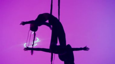 Modern koreografi ve akrobasi yaratıcı reklam konsepti. Kadın jimnastik düeti lazer pembe neon stüdyo arka planında izole edildi. Trapezde kayışlı kızlar, yakın çekim..