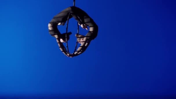 現代の振付とアクロバットクリエイティブ広告コンセプト 2人の女性ジムナストがダークブルーネオンの背景を隔離しました ストラップ付きリングで回転するクローズアップビューガール空中ダンサーシルエット — ストック動画