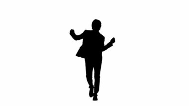 Modern iş adamı yaratıcı reklam konsepti. Stüdyodaki erkek modelin portresi alfa kanallı beyaz arka planda izole edildi. Takım elbiseli iş adamının silueti dans etmeyi ve yürümeyi sever..