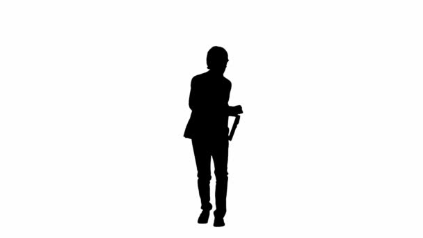 現代のビジネスマンクリエイティブ広告コンセプト スタジオの男性モデルの肖像画は アルファチャンネルで白い背景に隔離されています スーツのビジネスマンのシルエット ブリーフケースで歩くダンス — ストック動画