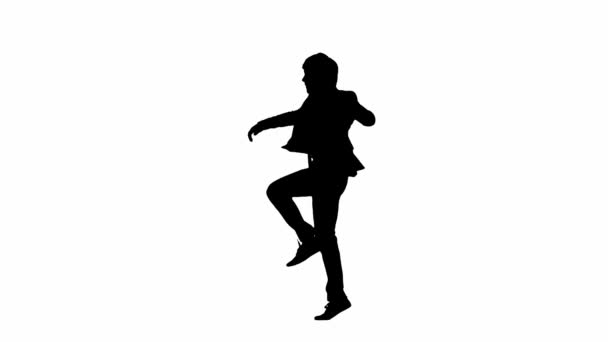 現代のビジネスマンクリエイティブ広告コンセプト スタジオのサイドビュー男性モデルは アルファチャンネルでホワイトバックグラウンドで隔離されています スーツのビジネスマンのシルエット ウォーキング ジャンプアップとダンス — ストック動画
