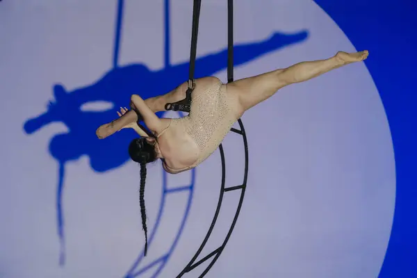 Circus Artist Beige Body Rhinestones Performs Aerial Moon Studio Blue — Stock Photo, Image