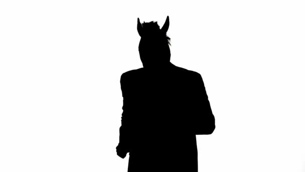 Black Silhouette Man Business Suit Horse Head Mask White Isolated — Stock Video