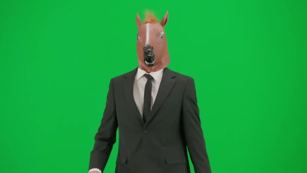 身穿西装 头戴马头面具 背景是绿色工作室 商人步行走着 艰苦工作的概念 — 图库视频影像