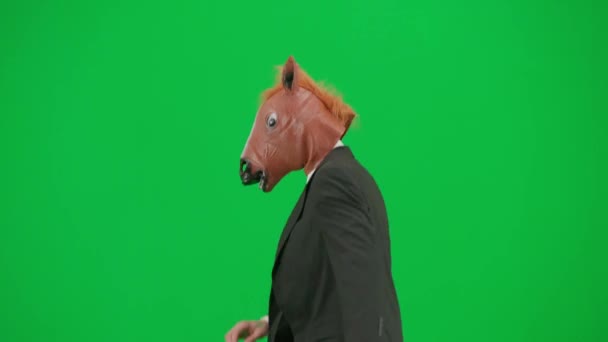 身穿西装 头戴马头面具 背景是绿色工作室 商人走来走去 蹦蹦跳跳 硬办公室工作的概念 — 图库视频影像