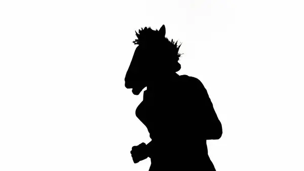 Zwart Silhouet Van Een Man Zakenpak Met Paardenhoofdmasker Witte Geïsoleerde — Stockfoto