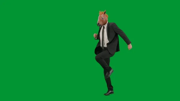 Man Business Suit Horse Head Mask Green Studio Background Businessman — Stock Photo, Image