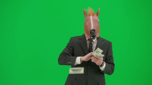 Een Man Een Zakenpak Met Een Paardenhoofdmasker Een Groene Studioachtergrond — Stockvideo