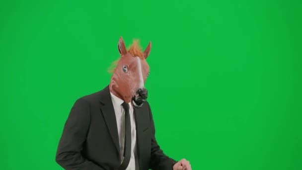 グリーンスタジオの背景に馬のヘッドマスクを持つビジネスススーツの男 ビジネスマンが楽しく踊っています ハードオフィスワークコンセプト — ストック動画